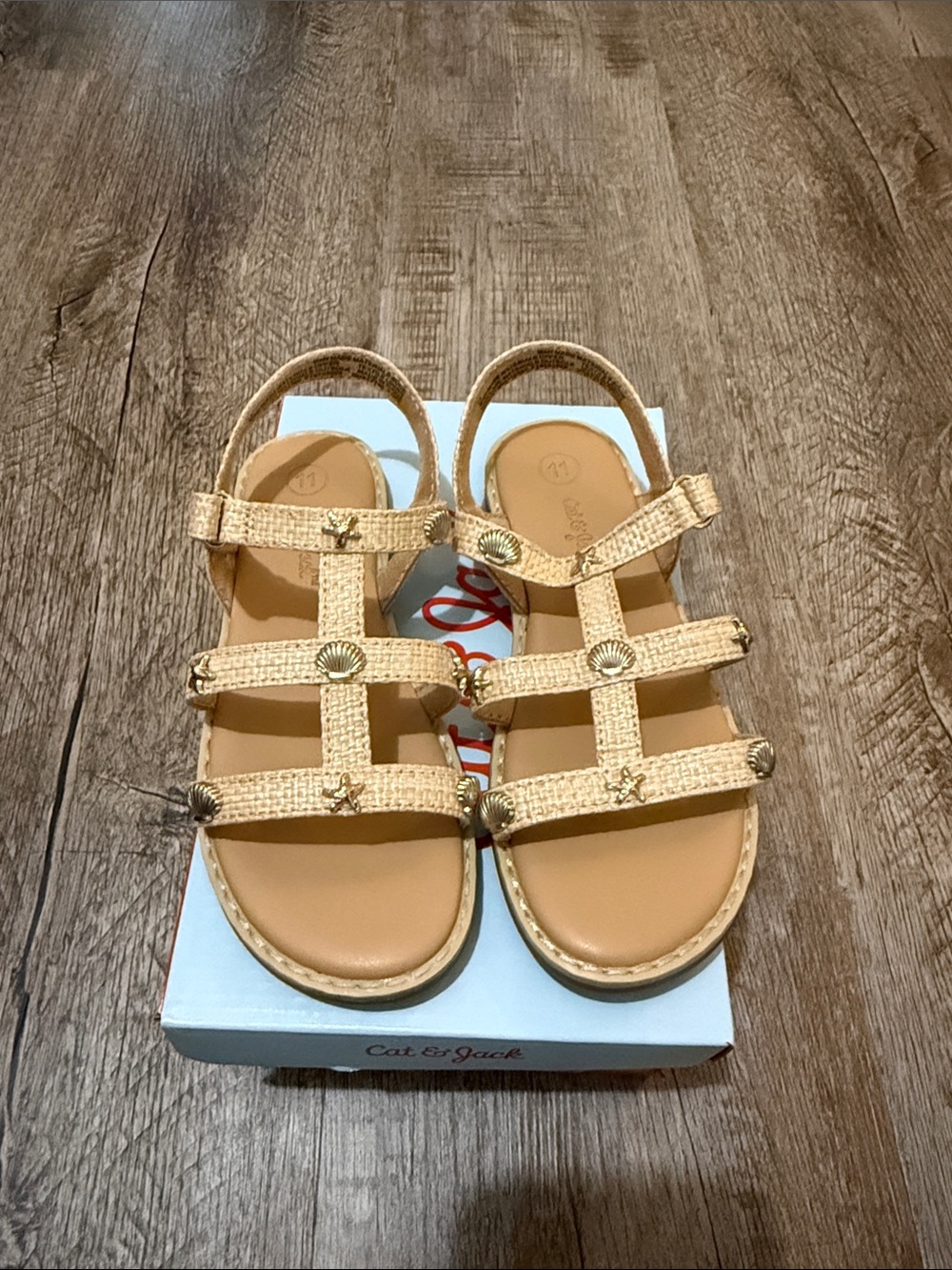 Cat & Jack Beige Woven T-Strap Sandals with Shell Accents